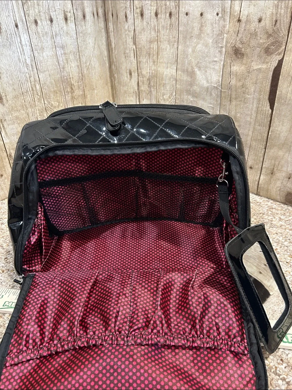 Caboodles Black Patent Quilted Train Case Makeup Travel Bag Organizer Polka Dot